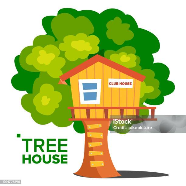 Tree House Vector Children Playground House On Tree Wooden Cabin For Kids Isolated Flat Cartoon Illustration Stock Illustration - Download Image Now