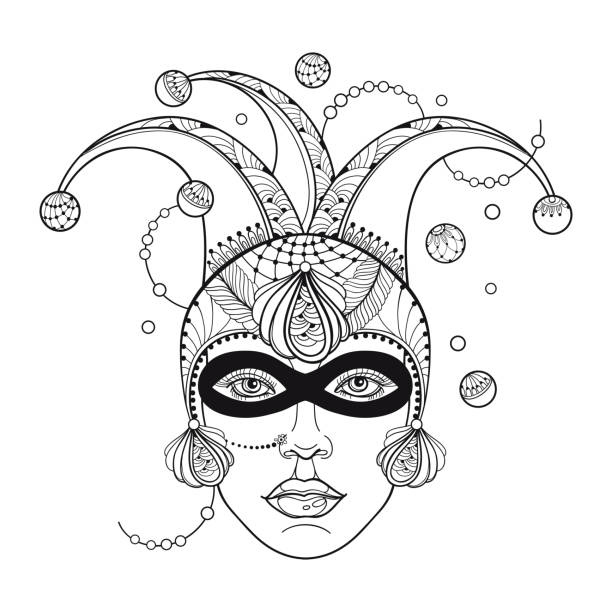 illustrazioni stock, clip art, cartoni animati e icone di tendenza di faccia da ragazza vettoriale in contorno clown o berretto arlecchino, maschera, piume di pavone e perline in nero isolato su sfondo bianco. - mardi gras carnival peacock mask