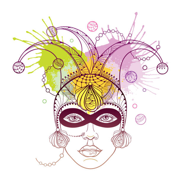 wektor dziewczyna twarz w zarys clown lub harlequin cap, maska, pawie pióra i koraliki w pastelowym żółtym, zielonym i fioletowym izolowane na białym tle. - carnival mardi gras mask peacock stock illustrations