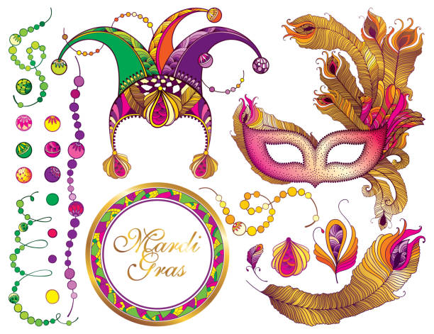 векторный набор с контуром клоуна или арлекина крышка, венецианская маска, золотое перо павлина и богато красочные бусы изолированы на бел� - carnival mardi gras mask peacock stock illustrations