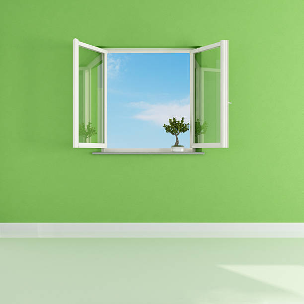 open window in a empty green room - rendering