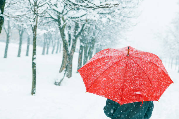istock Woman with red umbrella in snow 1091734190