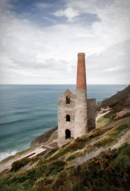 wheal coates 집, 사우스 웨스트 코스트 경로, 콘월 엔진. stylised 사진 예술입니다. - metal tin cloud vertical 뉴스 사진 이미지