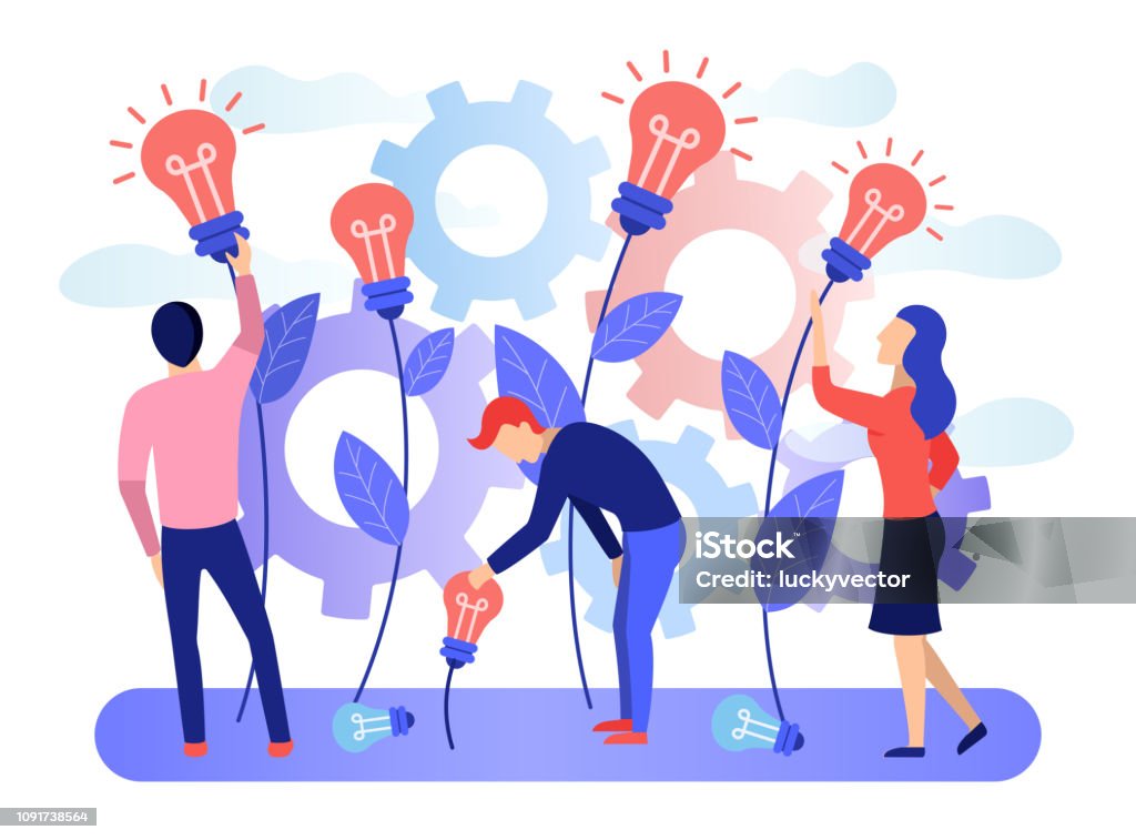 ÐÐµÑÐ°ÑÑ A group of people collects the fruits of plants in the form of a light bulb idea. Business creative idea. Concept for business and innovative technologies. Flat character graphic design Vector banner Illustration stock vector