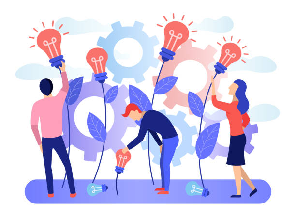 ÐеÑаÑÑ A group of people collects the fruits of plants in the form of a light bulb idea. Business creative idea. Concept for business and innovative technologies. Flat character graphic design Vector banner growth concept stock illustrations