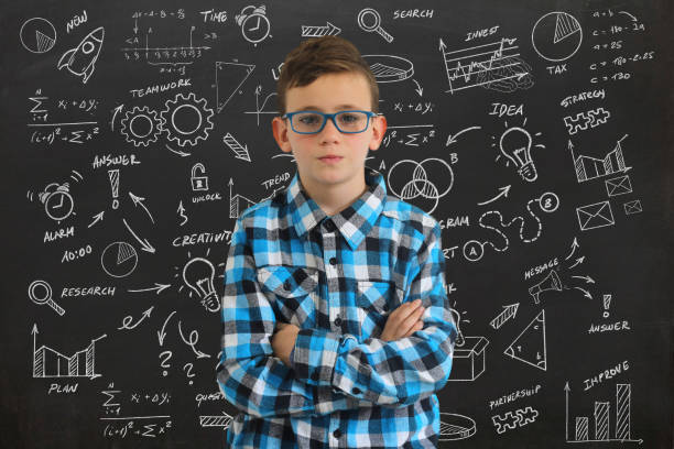 istock Young boy child think decision choice idea business strategy background blackboard 1091739720
