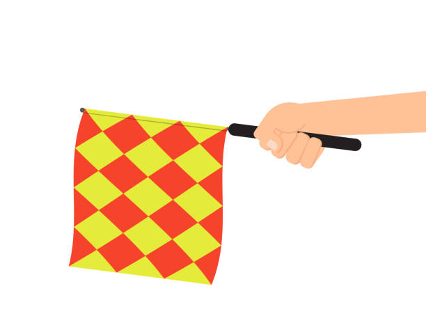 Hand holding referee flag or offside flag isolated on white background Hand holding referee flag or offside flag isolated on white background offside stock illustrations
