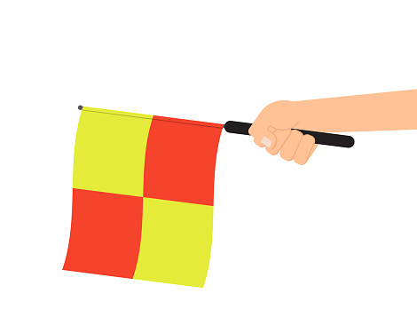 Hand holding referee flag or offside flag isolated on white background