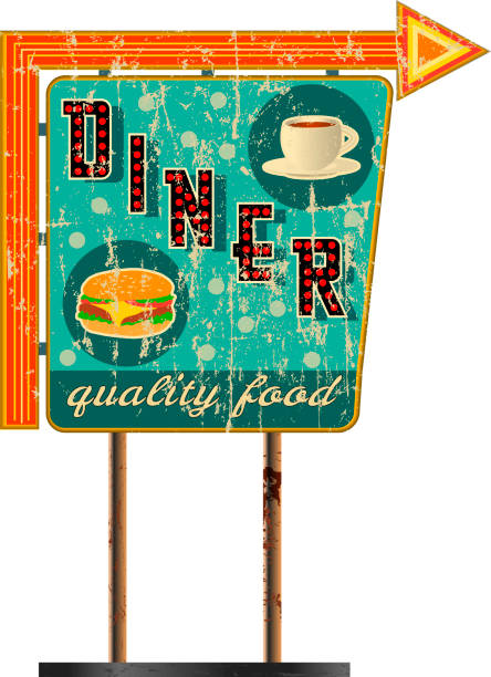grungy vintage diner sign, retro style, vintage super grunge diner sign, retro style, vector illustration fictional artwork diner illustrations stock illustrations
