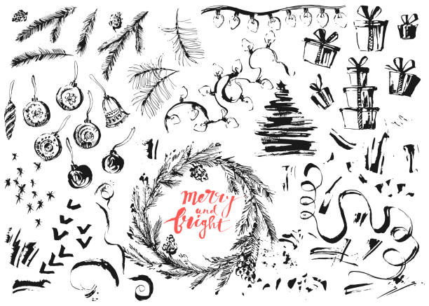 ручная нарисованная чернила рождественские и новогодние элементы дизайна. - pine tree brush stroke winter snow stock illustrations
