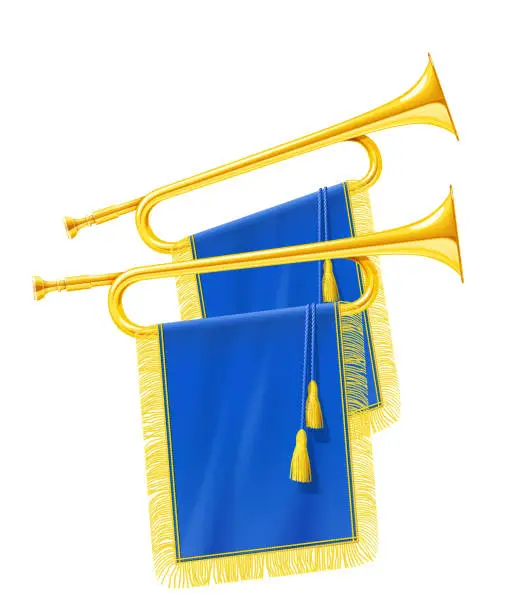 Vector illustration of Golden royal horn trumpet with blue banner. Musical instrument for king orchestra.