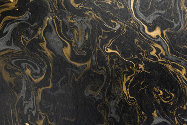 大理石のインク紙テクスチャ ブラック グレー ゴールド - アクリル画 写真 ストックフォトと画像