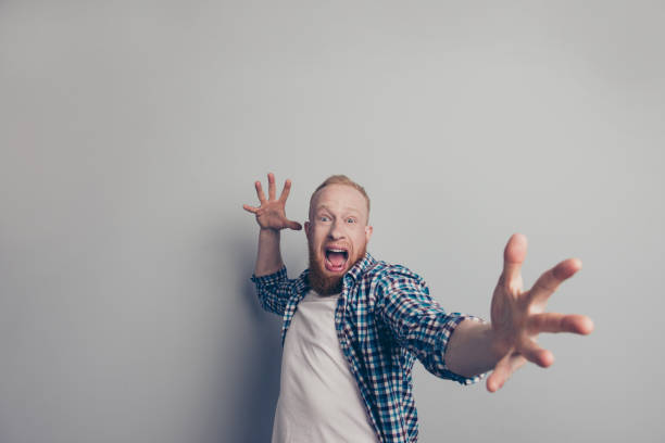 istock Attractive handsome pretty nice-looking man stand isolated on light gray background raised open palm hands look at camera wide open mouth 1091764526