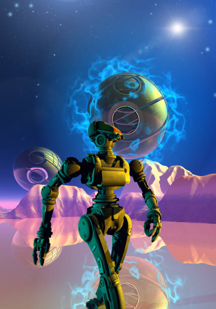 istock Robot exploring an alien planet with mountains, in the sky big drones controlling the scene, 3d illustration 1091766612