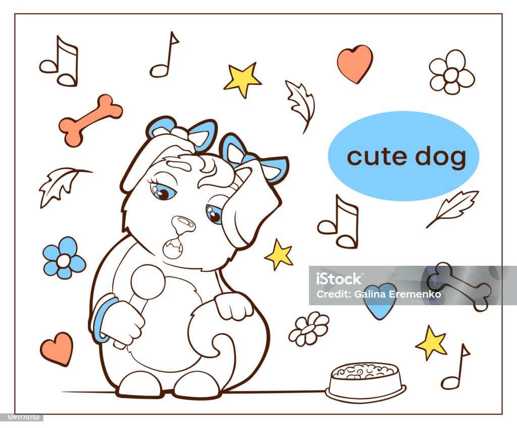 Cartoon character dog doodle hand drawn image. Vector image. Cartoon character dogs doodle hand drawn. Painted pets. Girl puppy with bows sings. Animal stock vector