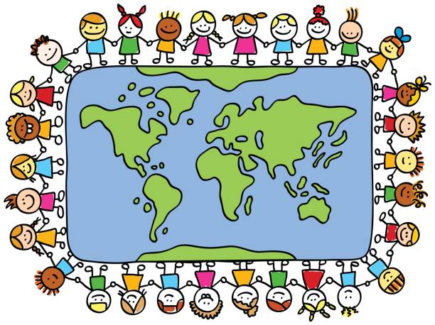 happy children holding hands around world map cartoon vector art illustration