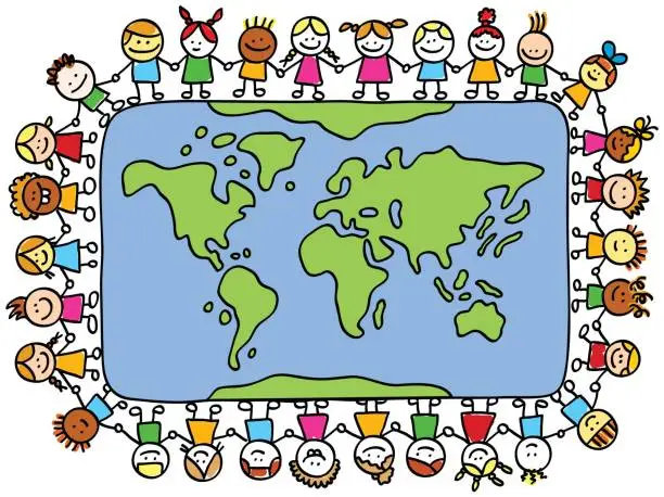 Vector illustration of happy children holding hands around world map cartoon