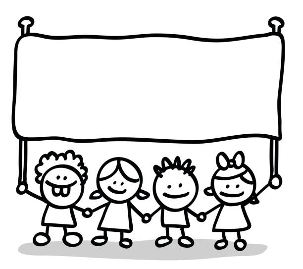 счастливый маленький ребенок друзей, держа пустой пустой баннер мультяшный иллюстрация - christmas child friendship little boys stock illustrations