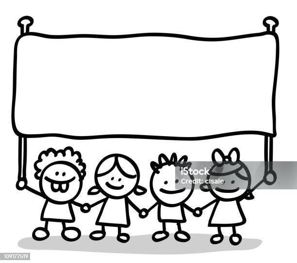 Happy Little Kids Friends Holding Empty Blank Banner Cartoon Illustration  Stock Illustration - Download Image Now - iStock