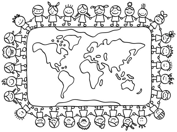glückliche kleine kinder hände halten aller welt karte cartoon illustration - family african ethnicity black african descent stock-grafiken, -clipart, -cartoons und -symbole