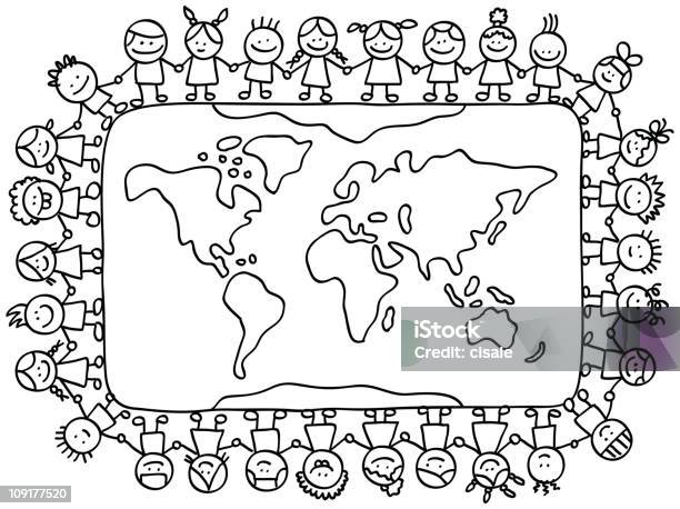 Happy Little Children Holding Hands Around World Map Cartoon Illustration Stock Illustration - Download Image Now