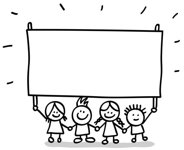 ilustrações, clipart, desenhos animados e ícones de felizes crianças pequenas e amigos segurando vazio em branco banner ilustração cartoon - little boys cartoon child drawing