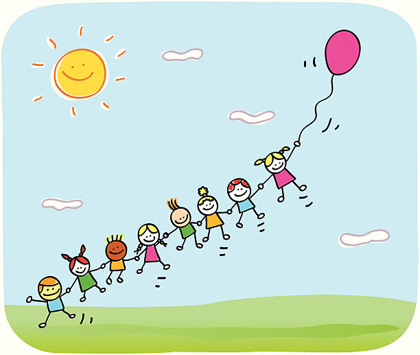 happy children playing with balloon in spring,summer cartoon vector art illustration