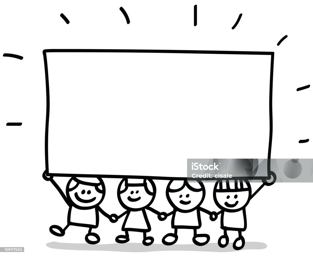 Lineart niños con banner - arte vectorial de Agarrados de la mano libre de derechos