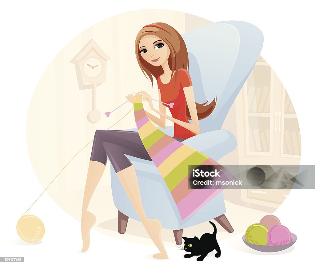 girl knitting the girl sits in easy chair and knitting. Girl in easy chair and background grouped and graded on layer. Knitting stock vector