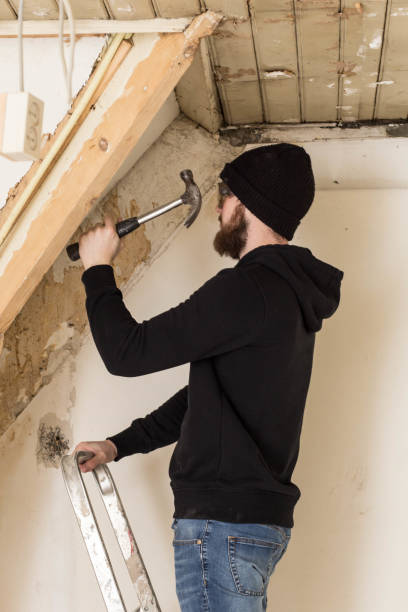 istock Handyman standing on a ladder and renovating a home, using tools like a hammer 1091776416