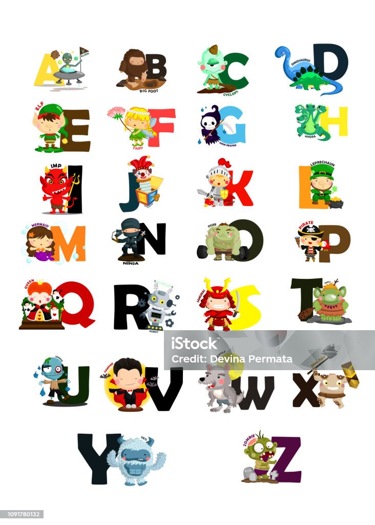 Character Alphabet Image Set character from fantasy from letter a to z Samurai stock vector