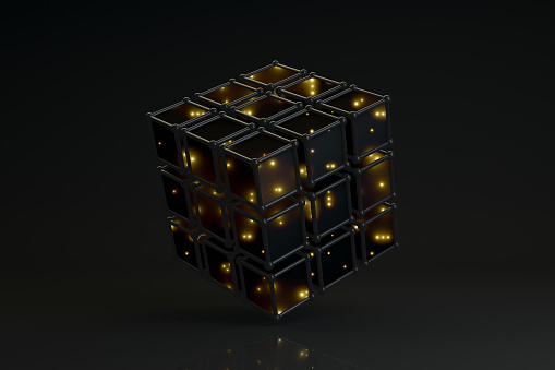 3D Rendering Cube Blocks, in a row, education, architecture, black background