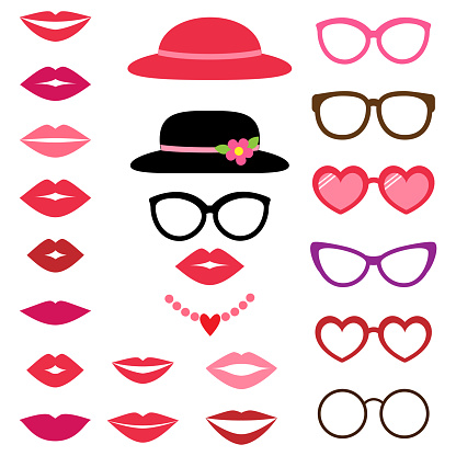 Lady photo booth vector set with hats, glasses and lips