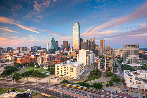 Dallas, Texas, USA skyline over Dealey Plaza.