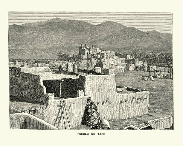 Vintage engraving of Taos Pueblo  (or Pueblo de Taos) is an ancient pueblo belonging to a Taos-speaking (Tiwa) Native American tribe of Puebloan people. The Graphic, 1884