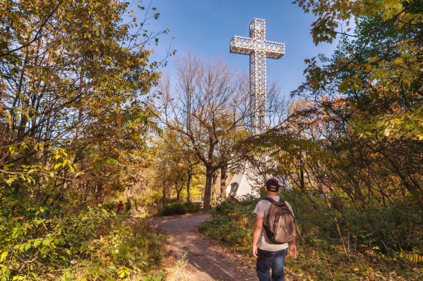 montreal mont-royal cross con colori fogliame autunnale - cross autumn sky beauty in nature foto e immagini stock