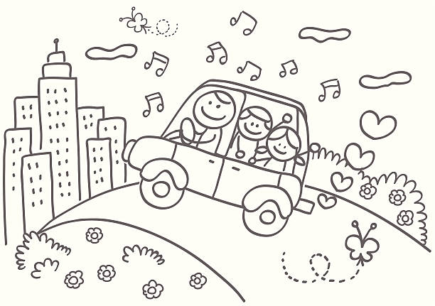 счастливая семья, отец, дети, освобождая автомобиль на линию горизонта мультяшный - vector illustration and painting men caricature stock illustrations
