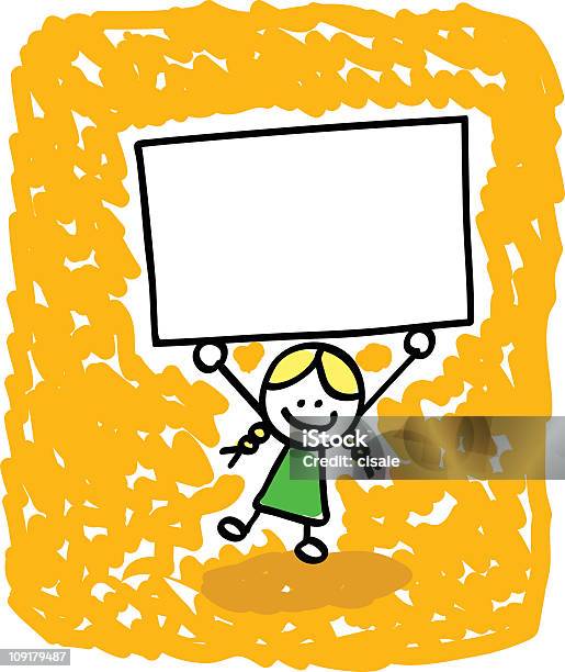 Happy Little Kid Girl Holding Empty Blank Banner Cartoon Illustration Stock Illustration - Download Image Now