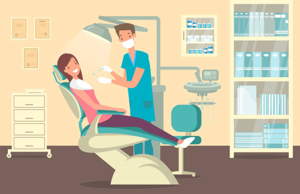 stockillustraties, clipart, cartoons en iconen met het kantoor tandarts, tand zorg en behandeling theme - tandheelkundige gezondheid illustraties