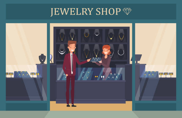 보석 반지를 선택 하는 사람과 게 쇼케이스 - jewelry shopping store diamond stock illustrations