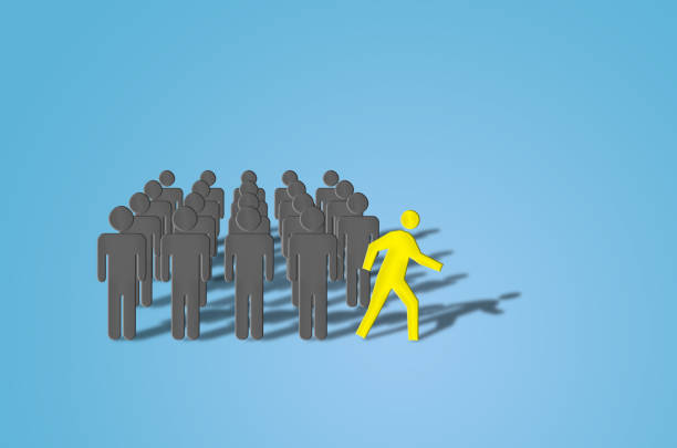 leadership creative idea concept yellow difference human outstanding change and walking out of group of people business teamwork still standing. business success plan leader team.