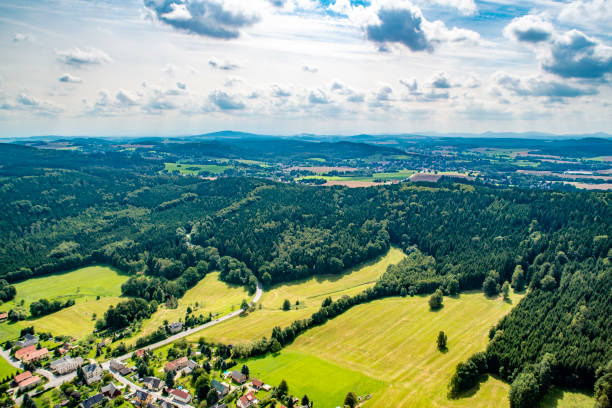 aerial photographs of villages, forests and roads - ônibus de dois andares imagens e fotografias de stock