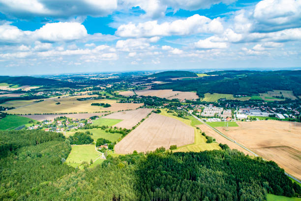 aerial photographs of villages, forests and roads - ônibus de dois andares imagens e fotografias de stock