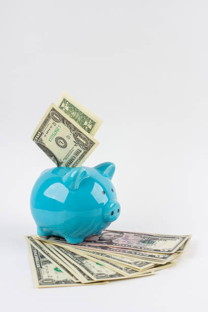 istock Blue piggy Bank with dollars on a white background 1091800614