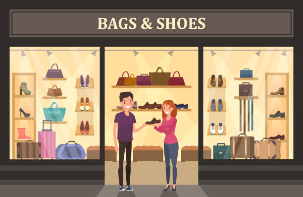 ilustraciones, imágenes clip art, dibujos animados e iconos de stock de tienda de bolsos y zapatos con vitrina de vidrio. - shopping supermarket department store women