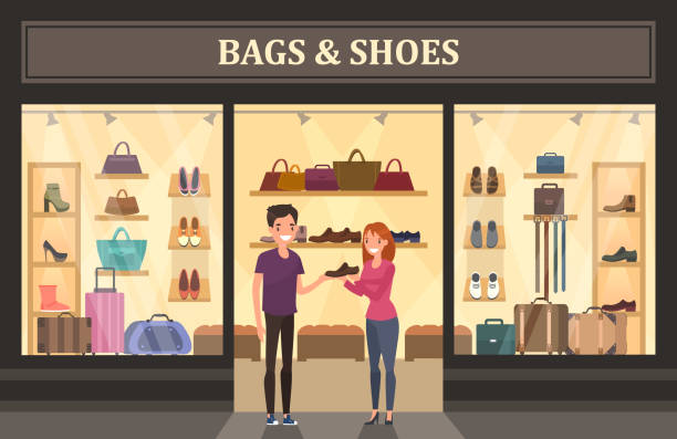 illustrazioni stock, clip art, cartoni animati e icone di tendenza di negozio di borse e scarpe con vetrina in vetreria. - shopping supermarket department store women