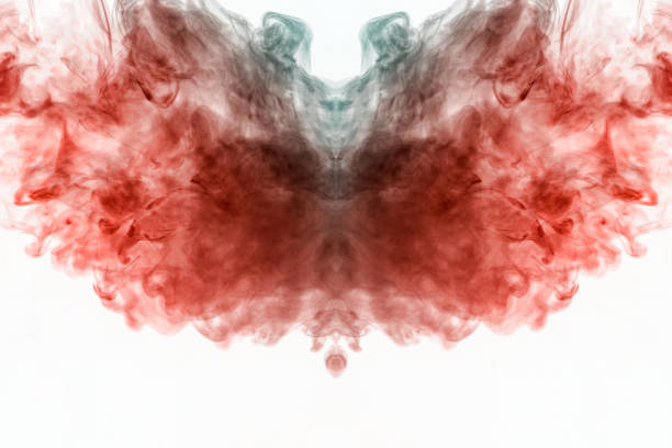 il modello dinamico del fumo che scorre dipinto dallo svapo in grigio e rosso che rotola sulle molecole di materia su uno sfondo bianco assume la forma della testa di una creatura mistica con le ali. - gray matter foto e immagini stock