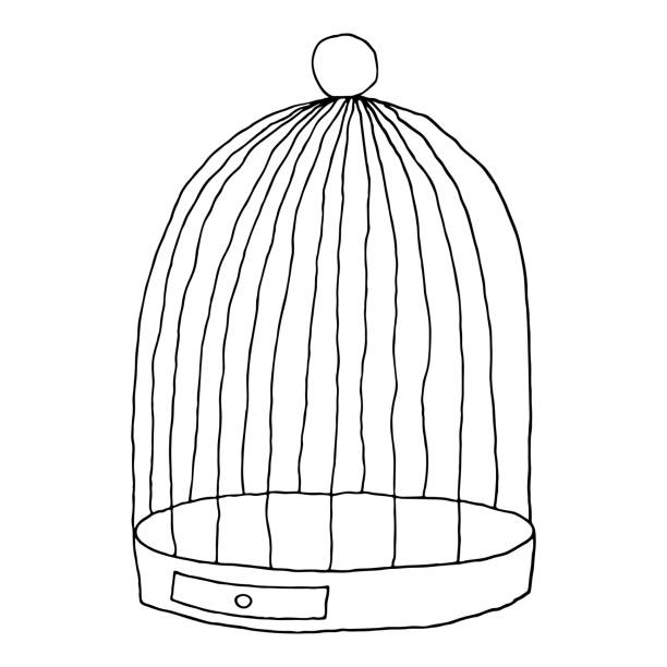 istock Black birds cage isolated on white background. Sketch drawing was drawn with the brush and ink. 1091811916