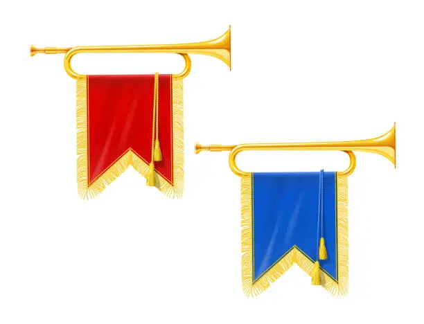 Vector illustration of Golden royal horn trumpet with blue and red banner. Musical instrument for king orchestra.