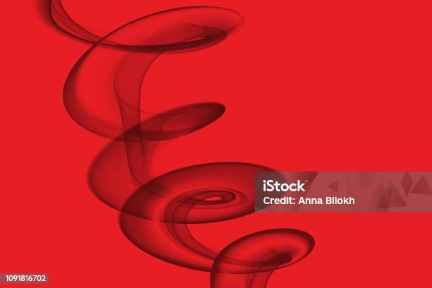 Smoke Rings Abstract Black Smoke Spiral Ribbon On Red Background Transparent Wave Stock Photo - Download Image Now